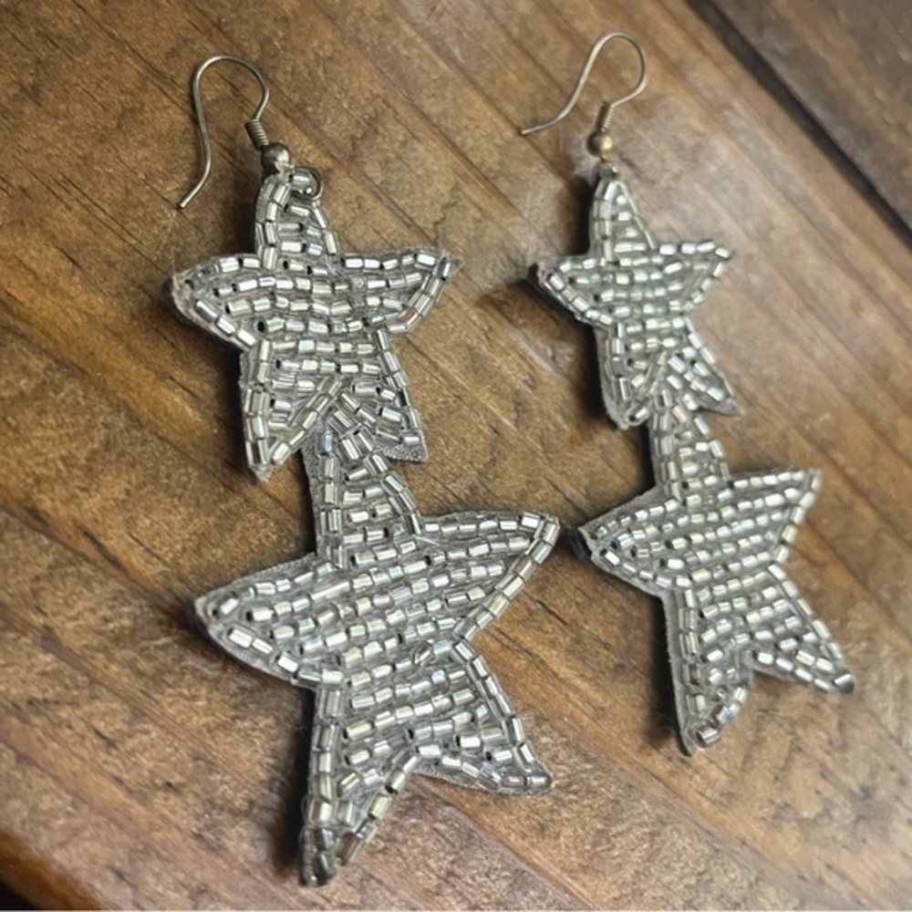 Estate Large Long Beaded Felt Silver Double Star Celestial Statement Earrings